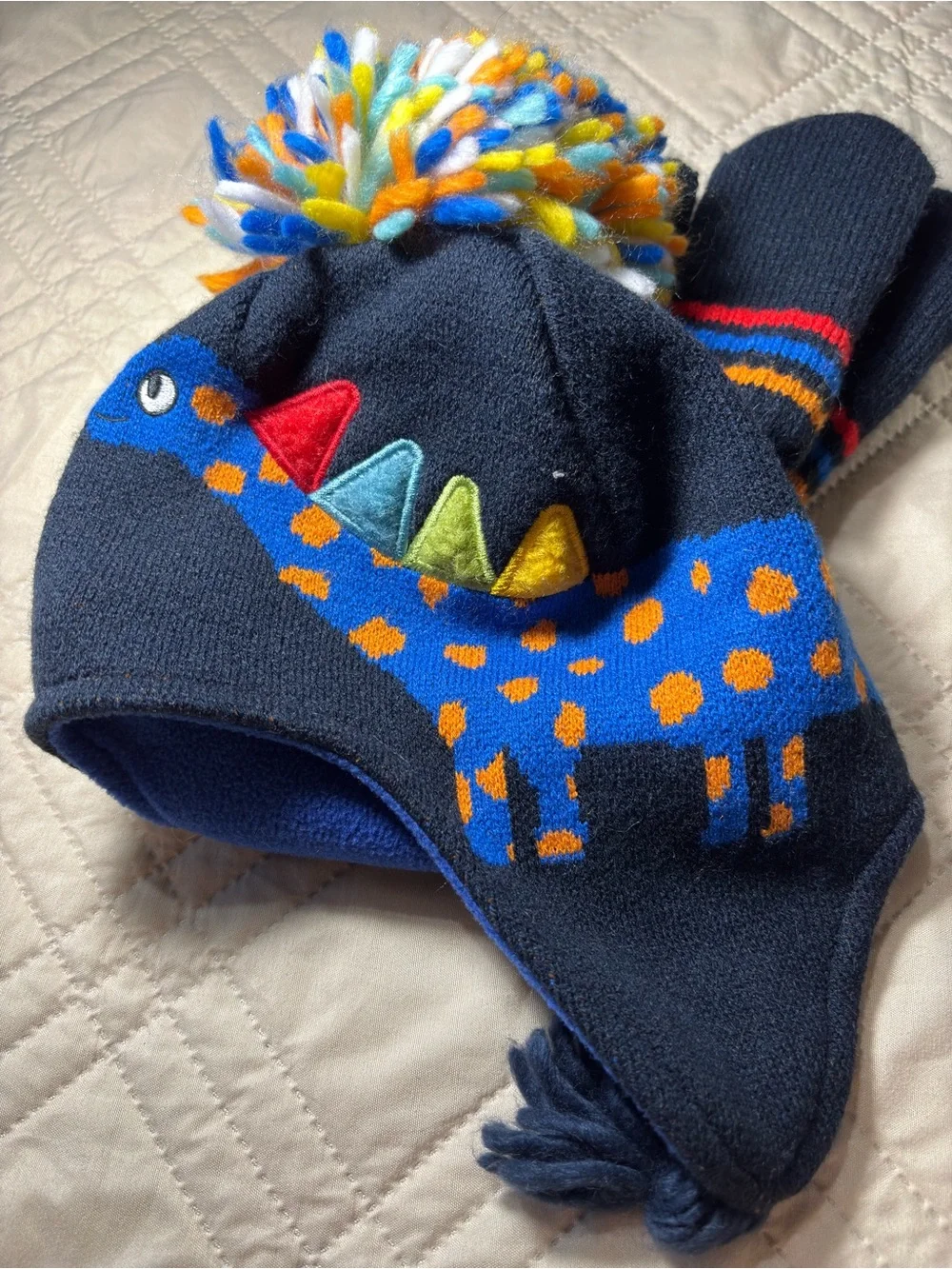 Children's Place 12-24M Navy Dino Pom-Pom Earflap Hat & Mitten Set